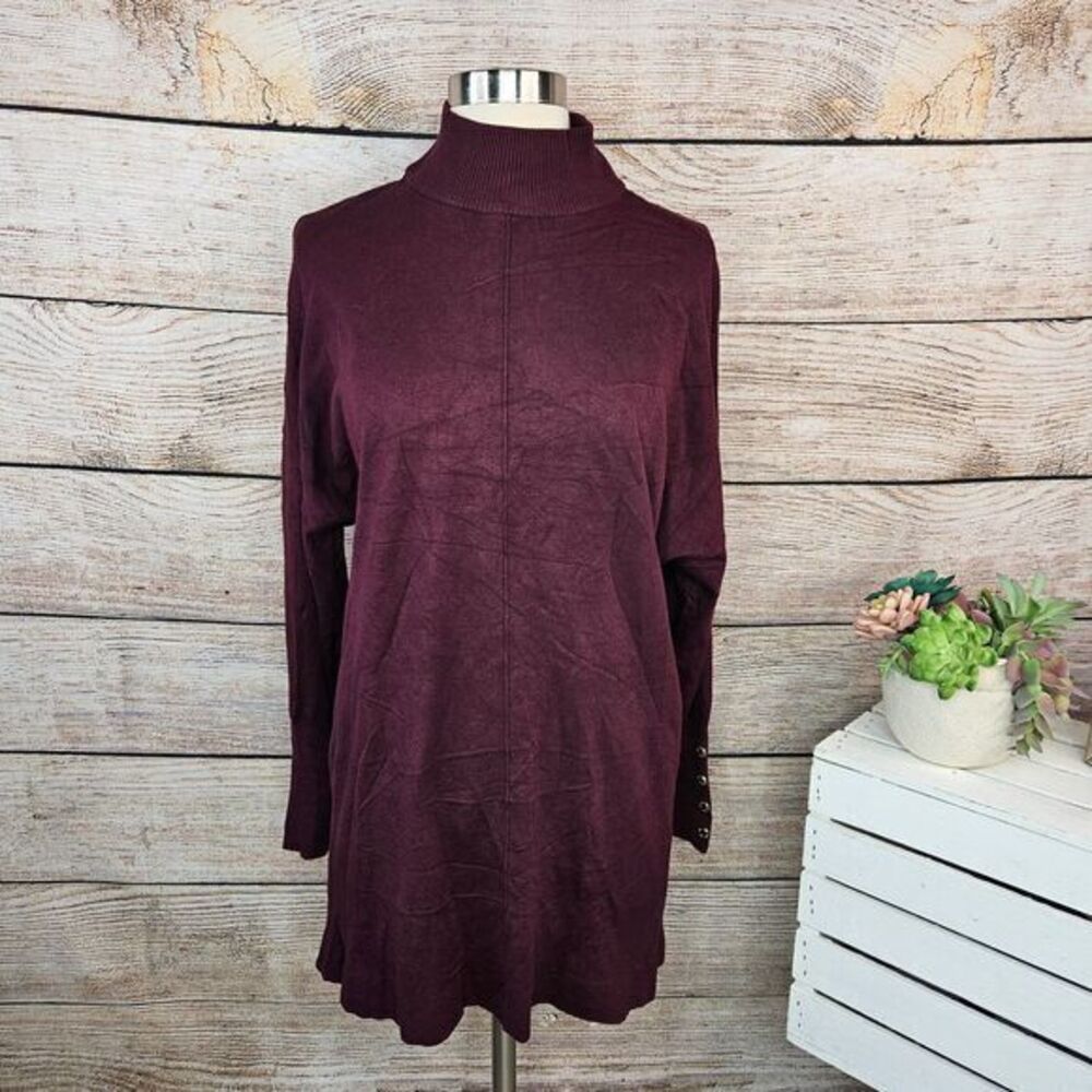 Anne Klein Burgundy Mock Neck Sweater Gold Button Detail XL